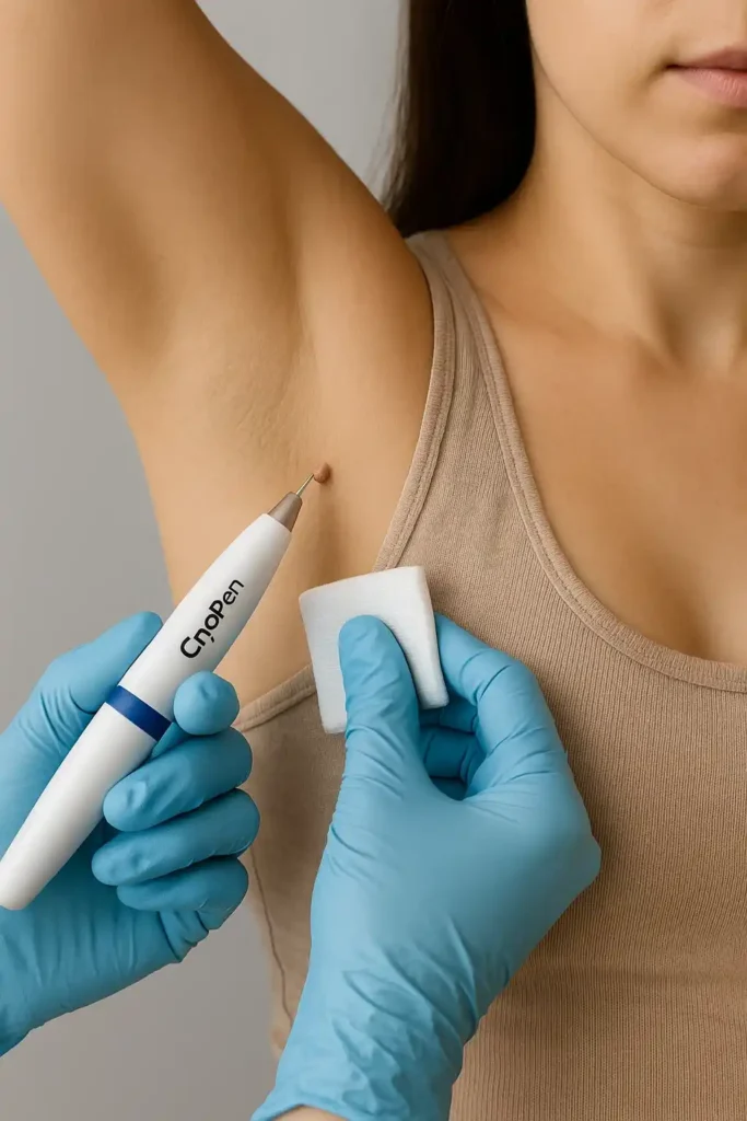 woman having cryopen to remove underarm skin tags Biggleswade
