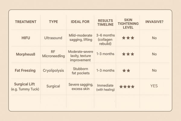 Table showing the comparisons of Skin tightening Biggleswade treatment options. 